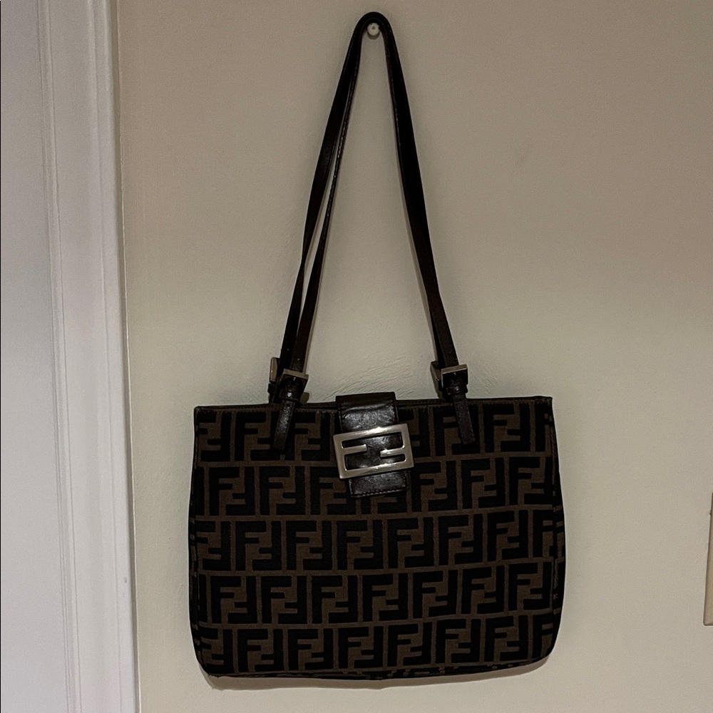 Vintage Fendi Black and Brown Zucca Shoulder Tote Bag